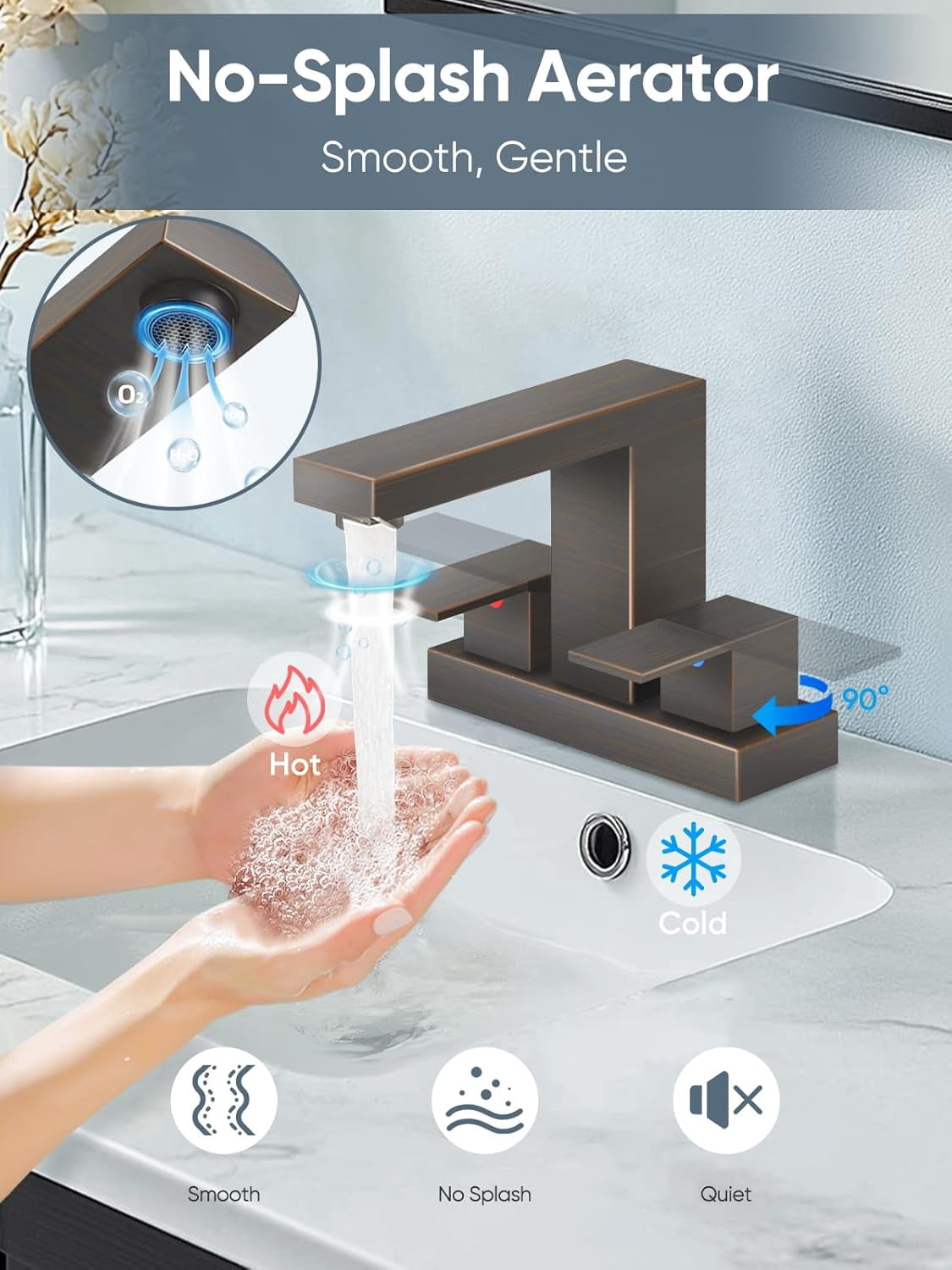 Bathroom Faucets for Sink 3 Hole, Oil Rubbed  Bathroom Sink Faucet Square 4 Inch Centerset with Pop-Up Drain, 2 Handle and 2  Hoses,  Stainless  for Vanity Rv