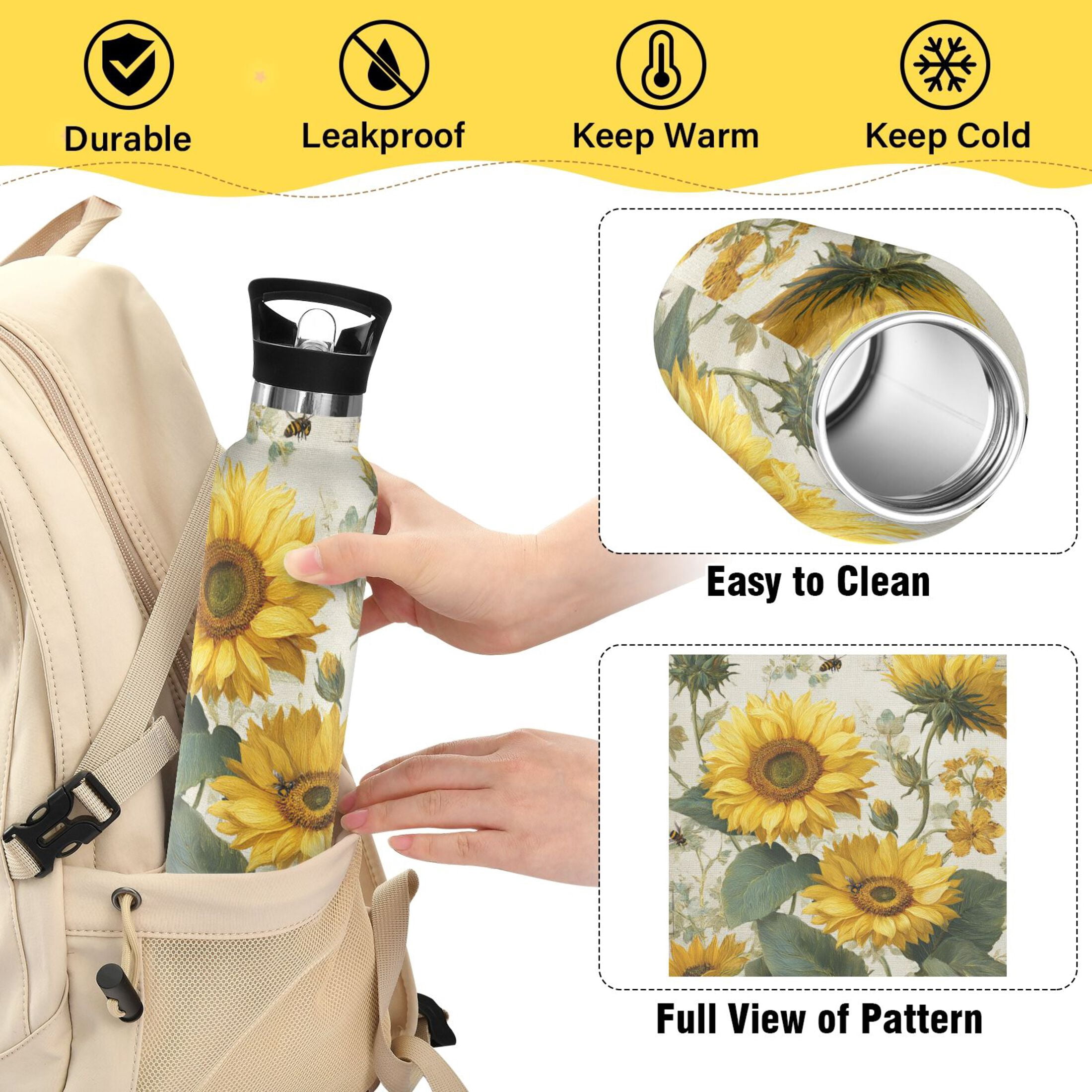 Kids Insulated Stainless Steel Sports Water Bottle 600ml (20oz) Sunflower and Bee Pattern
