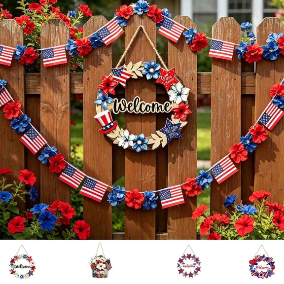Memorial Day Saving!4th of July Decorations, Independence Day Wooden Front Door Welcome Star Wreath Round Wooden Independence Day Patriotic Door Pendant