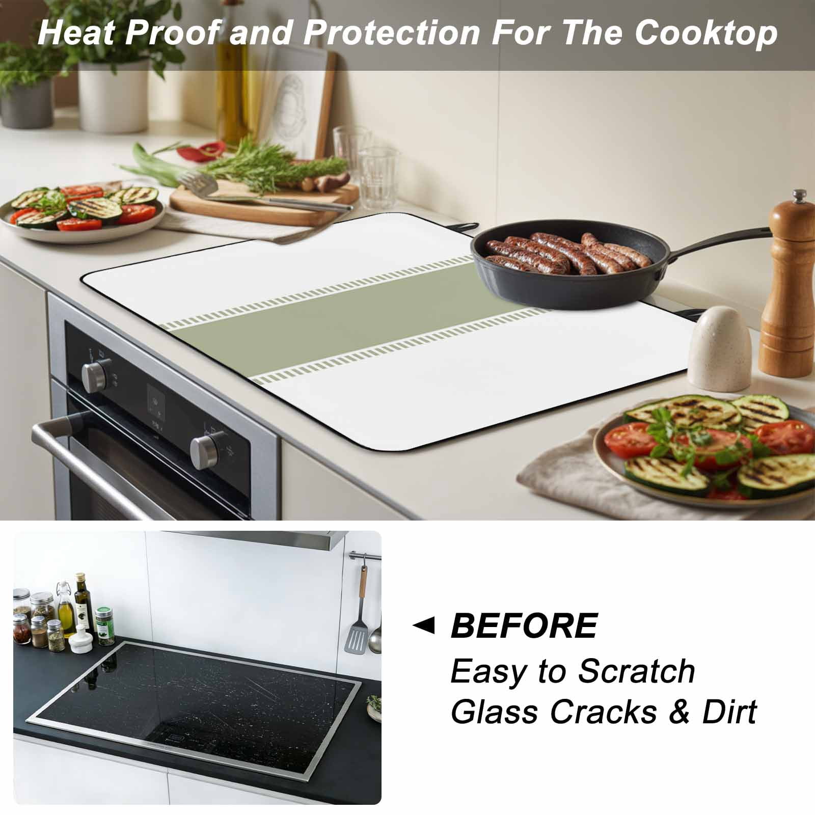 Sage Green Striped Stove Top Cover for Electric Stove, Heat-proof & Non Slip Glass Top Stove Cover Protector, Modern Geometric Abstract Art Kitchen Flat Cooktop Rubber Mat 36x21 Inches