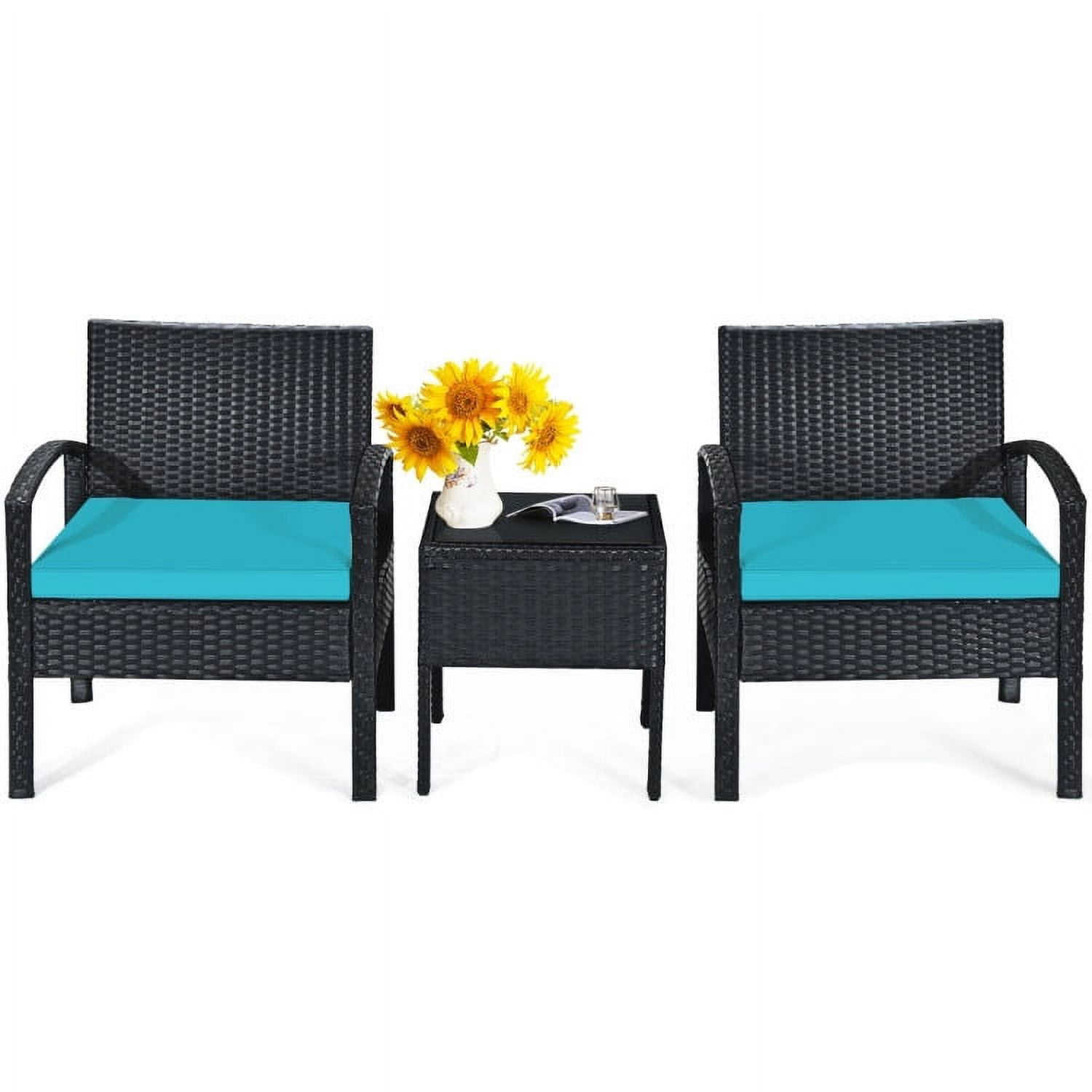 Aimee Lii 3 Pieces Outdoor Rattan Patio Conversation Set, Wicker Patio Furniture Set with Seat Cushions, Turquoise