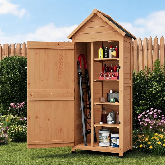 63 in Vertical Wooden Outdoor Storage Shed with 4 Shelves, Waterproof Tilted Roof, Elevated Base, Lockable Door