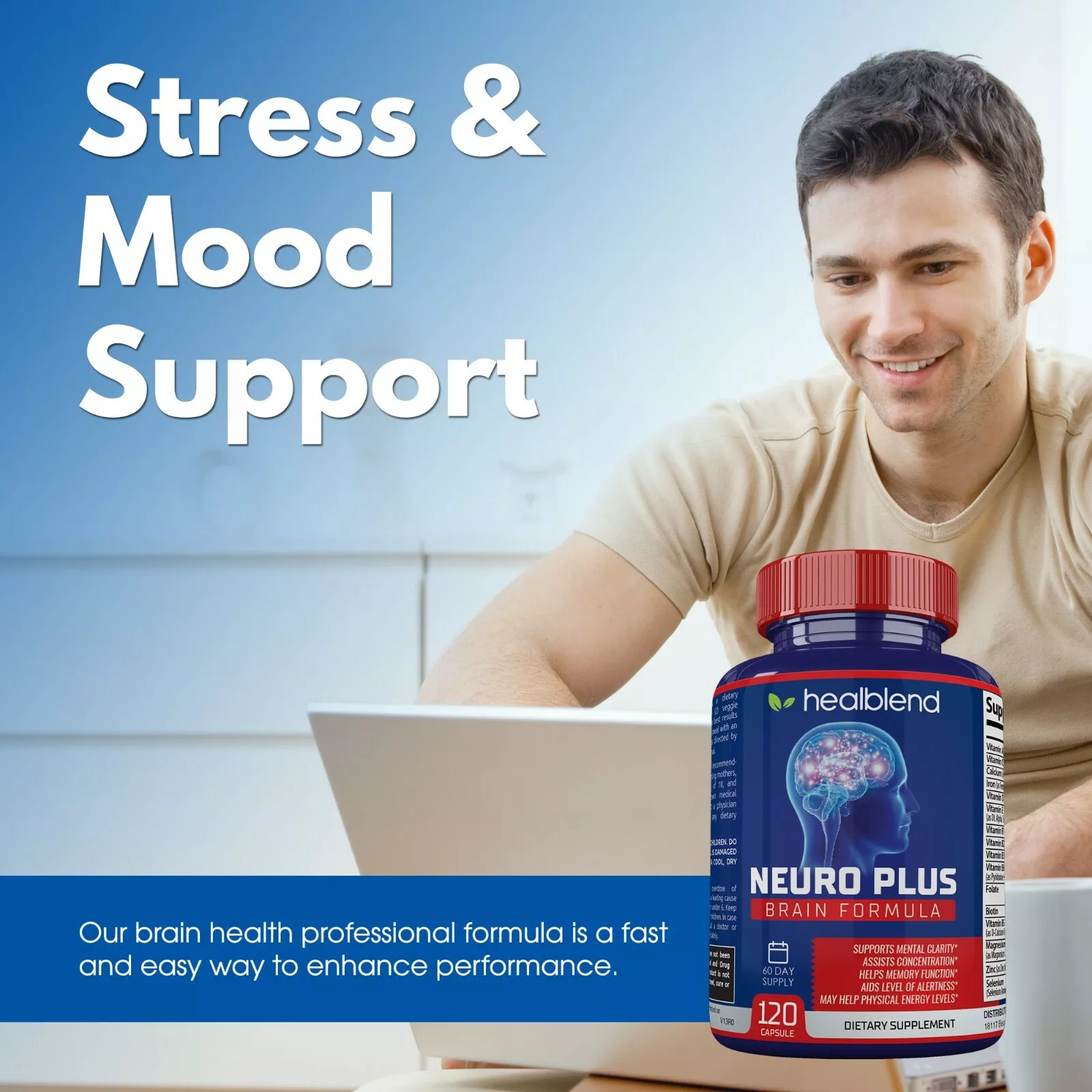 Healblend Neuro Plus Brain Booster Supplements - Brain & Focus Formula, Supports Memory, Concentration & Mental Clarity - 3-Pack