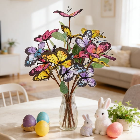 Exquisite Artificial Butterfly Floral Picks, Simulated Butterfly Flower with Green Leaves, Faux Floral Branch for Vase Arrangements, Easter, Spring Festive Party & Home Table Centerpieces Decor