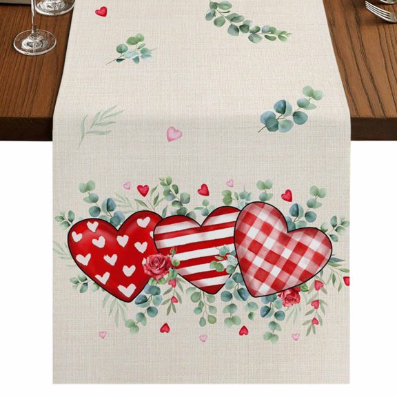 Table Runners 70 Inches Long Dress Scarves, Valentine's Day Farmhouse Coffee/Dining/Kitchen Table Decor, Holiday Table Runner, Red Love Heart Eucalyptus Beige Burlap 13x70 Inch