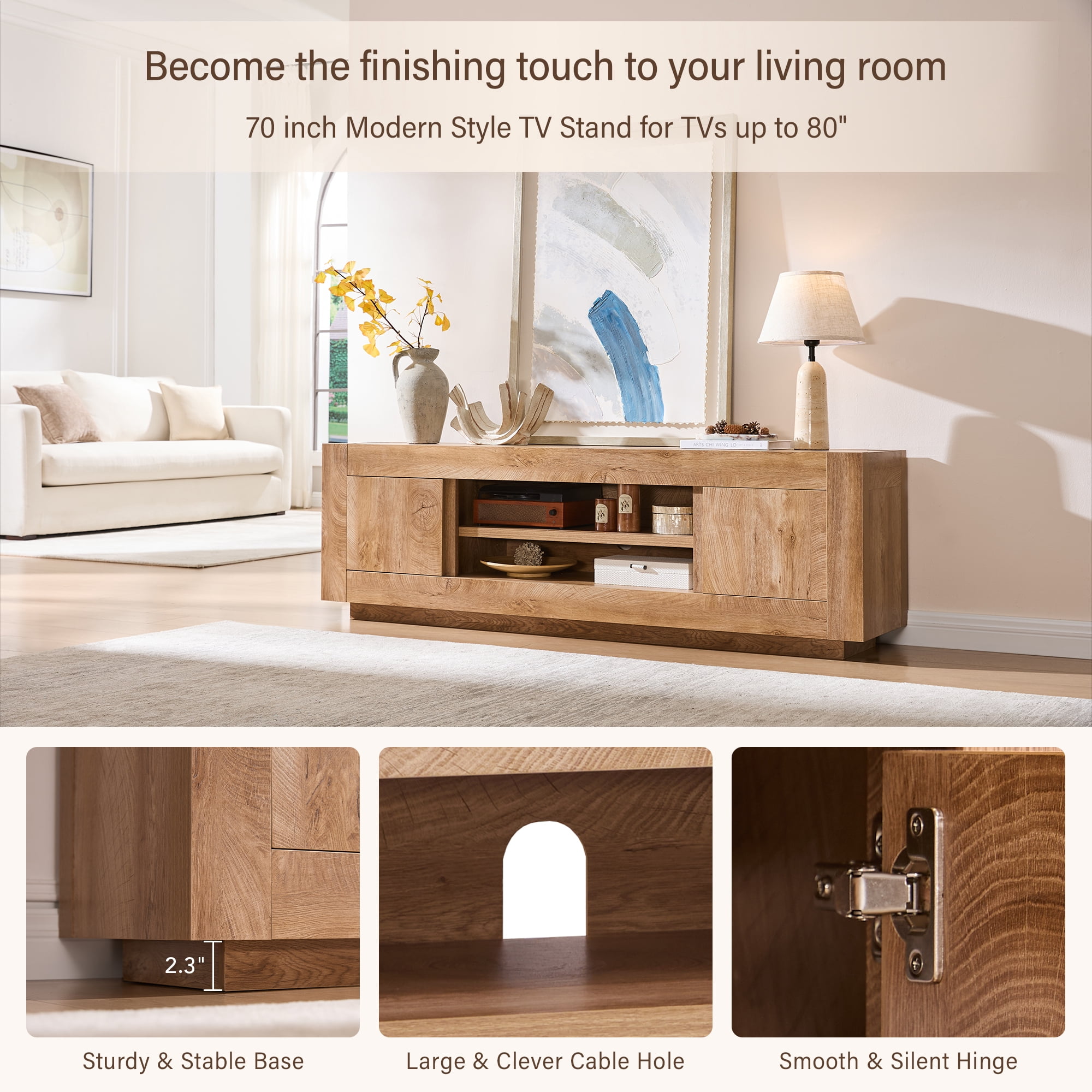 KeyWhat 70" Modern Low Profile TV Stand for TVs up to 80", Open Storage & Adjustable Shelves