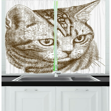 Cat Curtains 2 Panels Set, Portrait of a Kitty Domestic Animal Hipster Best Company Fluffy Pet Graphic Art, Window Drapes for Living Room Bedroom, 55W X 39L Inches, Chocolate White, by