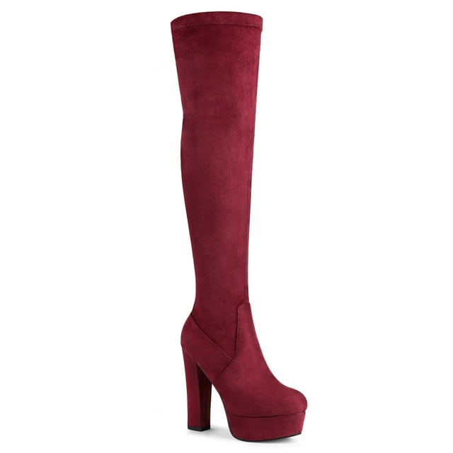 BLISSFUL STEP Women's Boot Platform Block Heel Over Knee Boots Burgundy 6.5