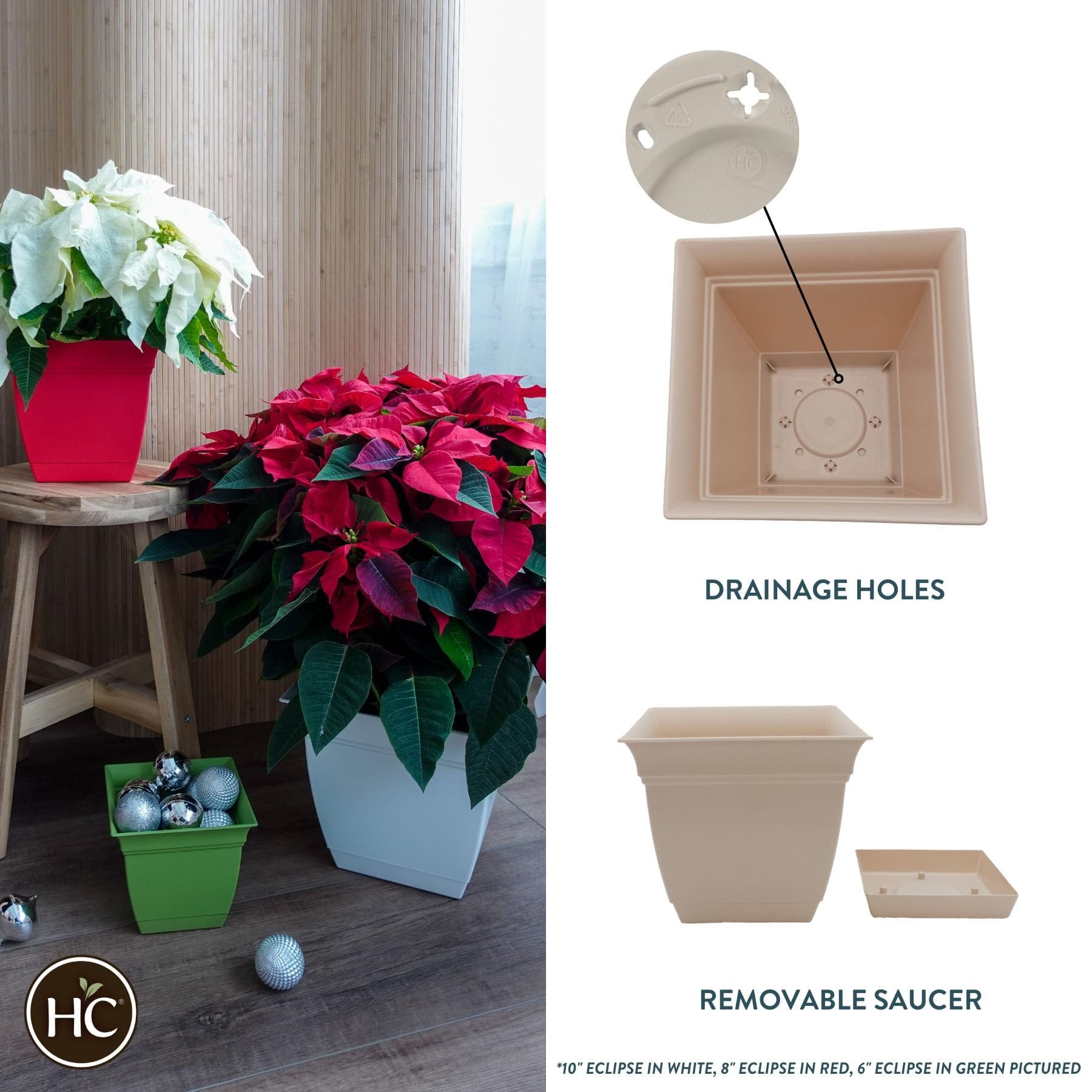 The HC Companies 12 Inch Eclipse Square Planter with Saucer  Indoor Outdoor Plant Pot for Flowers Vegetables Herbs, Cottage Stone Pack of 2