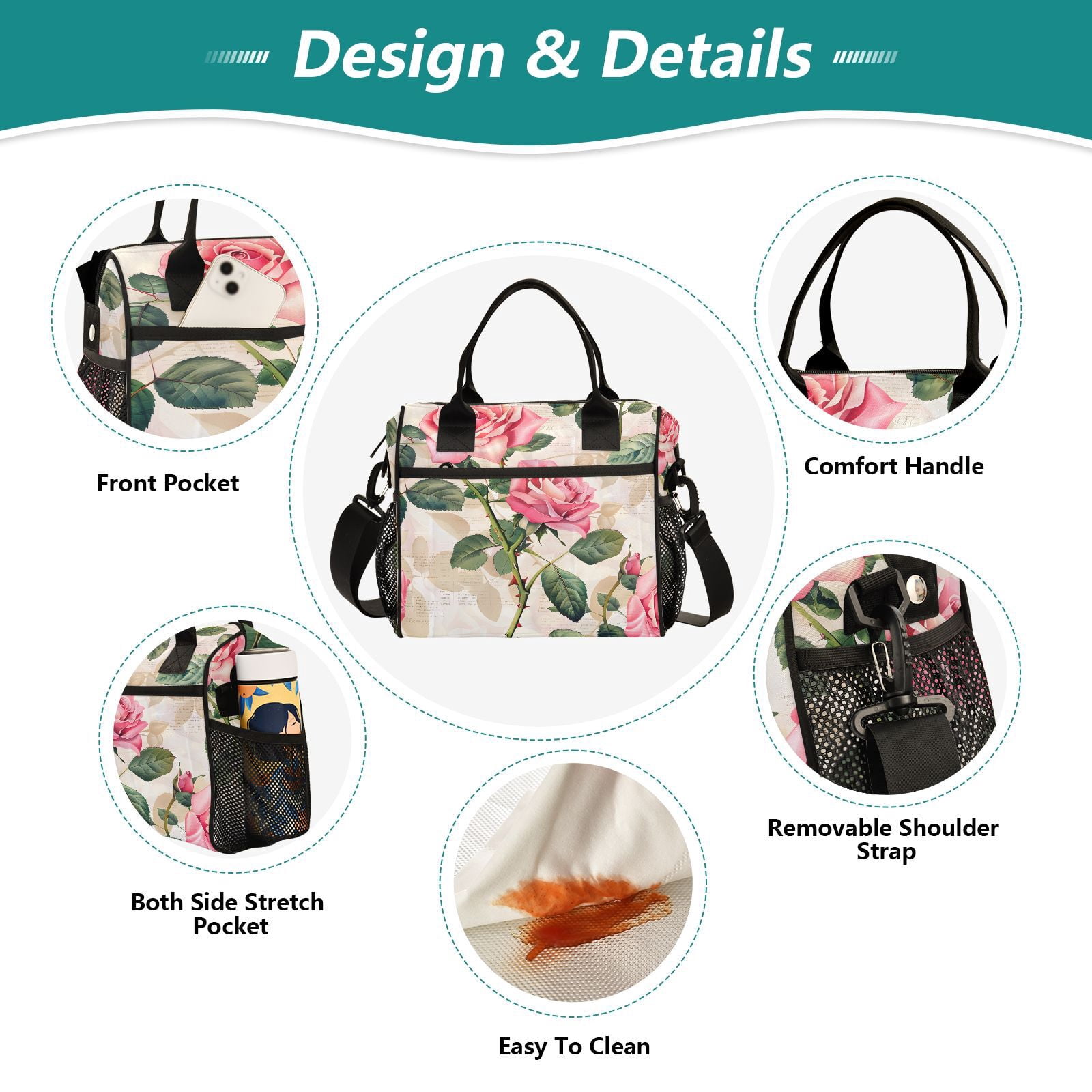 Ckdifva Pink Beautiful Rose Cooler Bag Cooler Cooling Tote Lunch Bag Lunch Box Front Pocket with Shoulder Strap