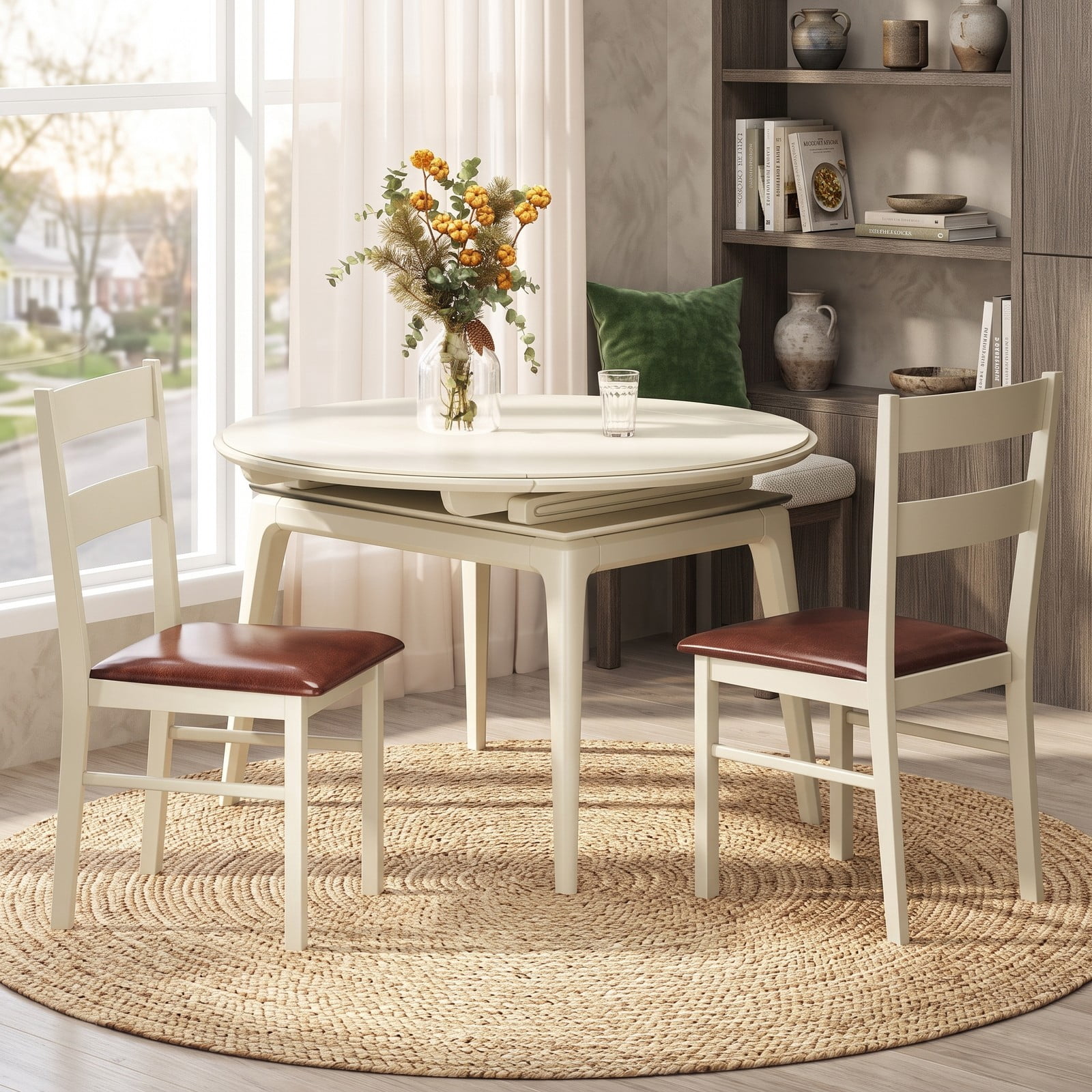 Furnibear Wooden Dining Chair Set of 2, PU Leather Upholstered Kitchen Side Chairs with Rubber Wood Frame and Curved Backrest for Dining Room Restaurant Cafe, White