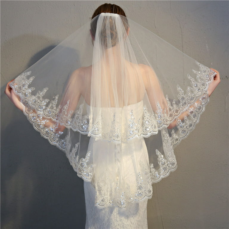 Simple Two-layer Sequined Lace Wedding Veil Short Cathedral Bridal