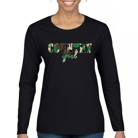 Country Girl Camo Women's Long Sleeve T-shirt Small Town Cowgirl Farm Life Military