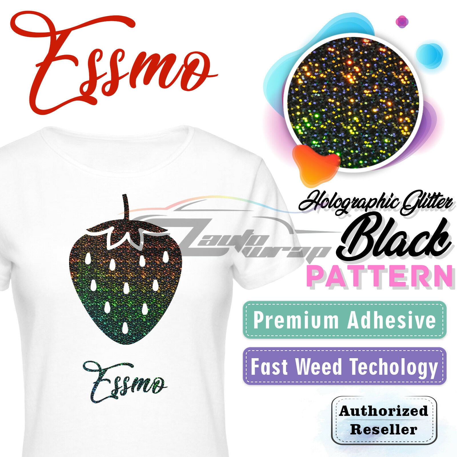 Essmo™ Holographic Glitter Black Heat Transfer Vinyl HTV T-Shirt 20" Iron Press SP09 20"x72"