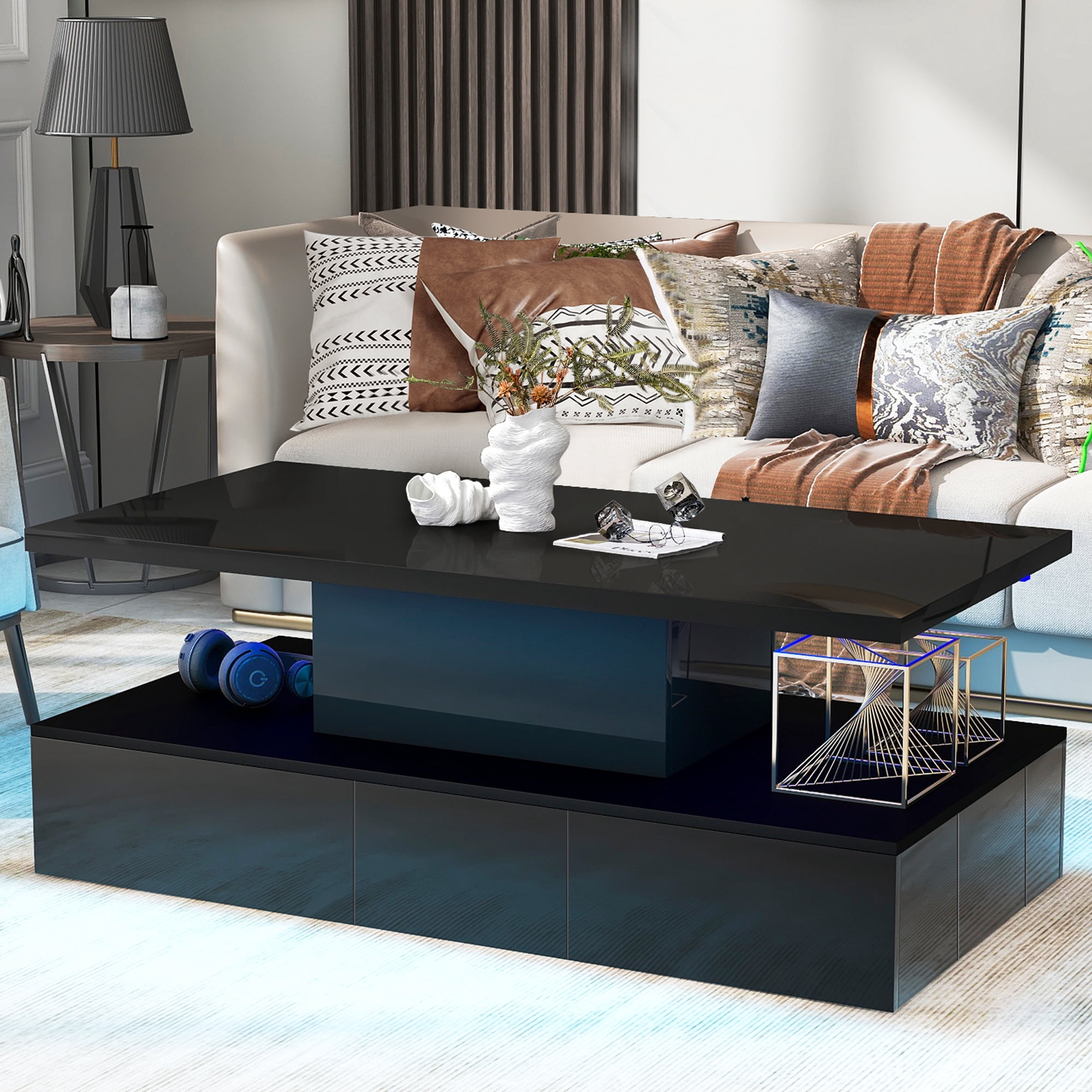 Black LED Coffee Table for Living Room, PAPROOS Modern High Glossy Center Table with 4 Drawers, Smart Cocktail Table Rectangle, Sofa Side Tea Tables with LED Lights, 41"L×25"W×16"H