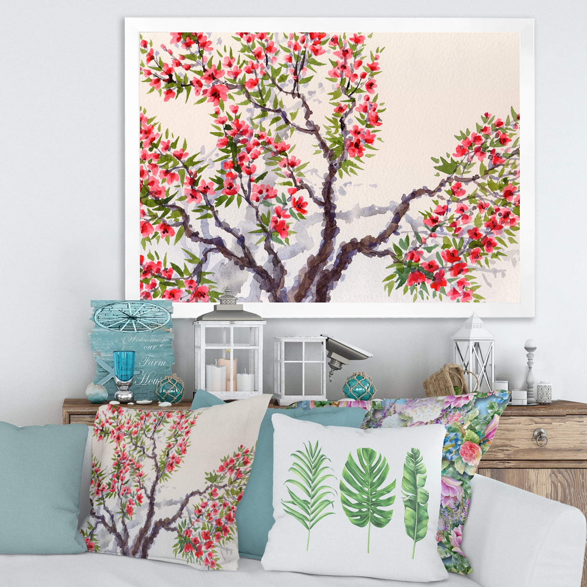 Red Flowers On The Spring Blossoming Tree II 40 in x 30 in Framed Painting Canvas Art Print, by Designart