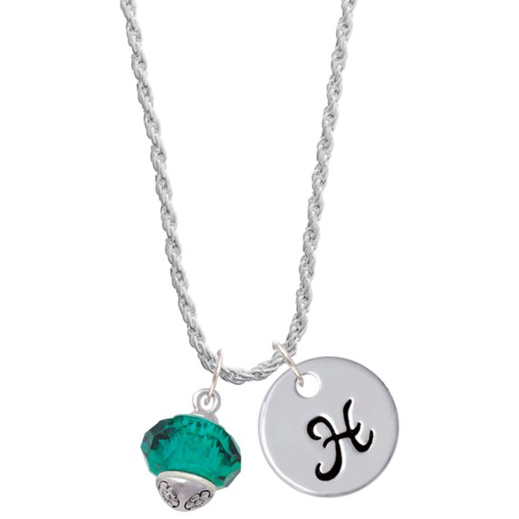 Delight Jewelry Teal Faceted Glass Spinner Silvertone Script Initial Disc - H - Charm Necklace, 20"+3"