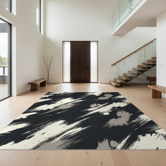 Design&I 8'x10' Washable Area Rug Sleek Flatweave Pet Friendly Charcoal Black Moden Tapetes Para Sala Large Farmhouse Abstract Brushstroke Design for King Size Bedroom, Under Bed