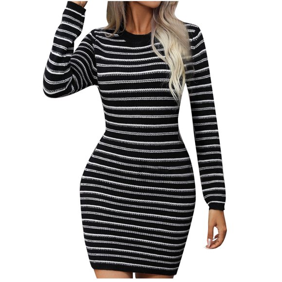 Yuyuzo Women Sweater Mini Dress Pullover Crew Neck Long Sleeve Knitwear Stripes Short Dresses for Women