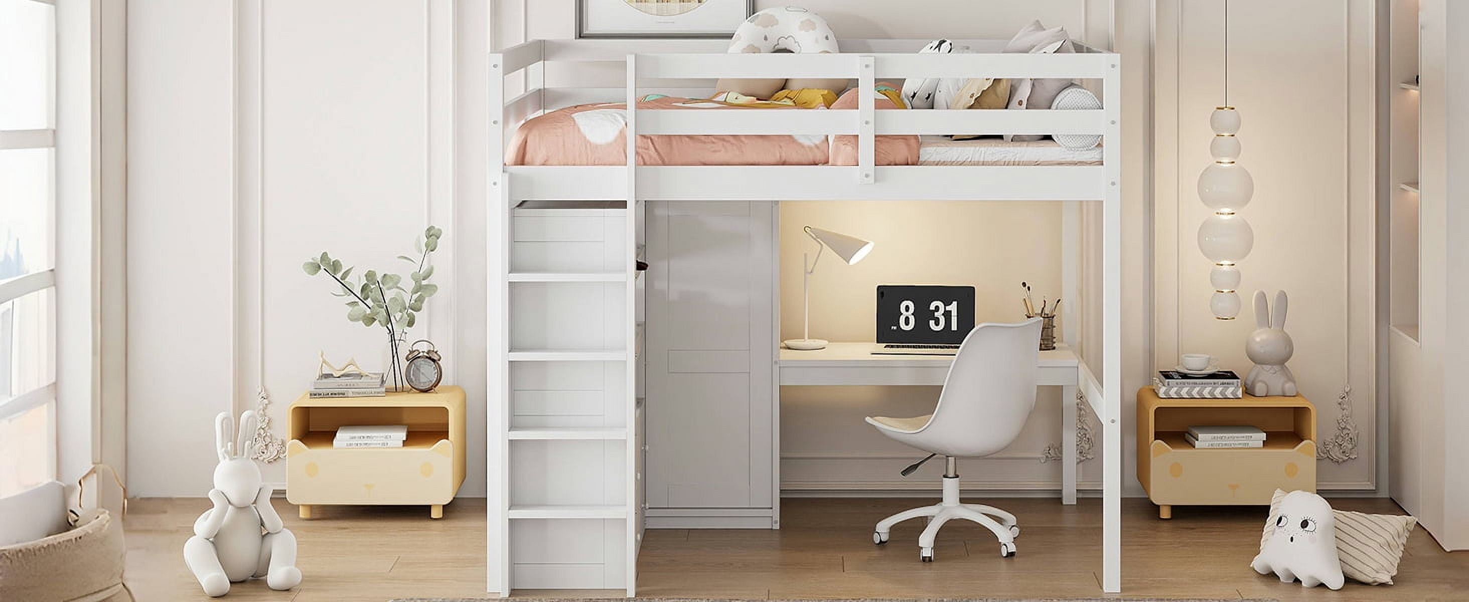 MAYEERTY Wood Full Size Loft Bed with Built-in Wardrobe, Desk, Storage Shelves and Drawers, White