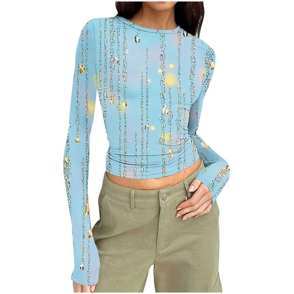 Women Long Sleeve Shirt Fashion Print Crewneck Fitted Y2k Streetwear Basic Tees Going Out Spring 2025 Workout Outfit