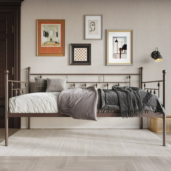 Home Design Aine Twin Metal Daybed with Victorian-Style Frame, Rounded Finials, Durable Slats, Stylish and Functional for Bedroom or Guest Room, Brown
