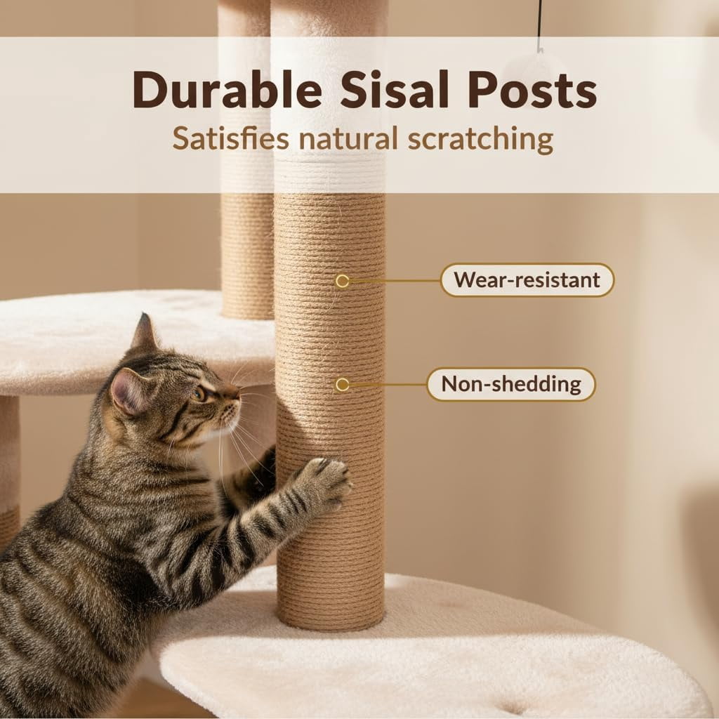 WSWJY Modern Cat Tree, 65 Inch Tall Cat Tower with Jute Scratching Posts, Dangling Balls, Cattail Basket Bed & Top Perch, Removable & Washable Cushions, Aesthetic Cat Tree for Indoor Cats