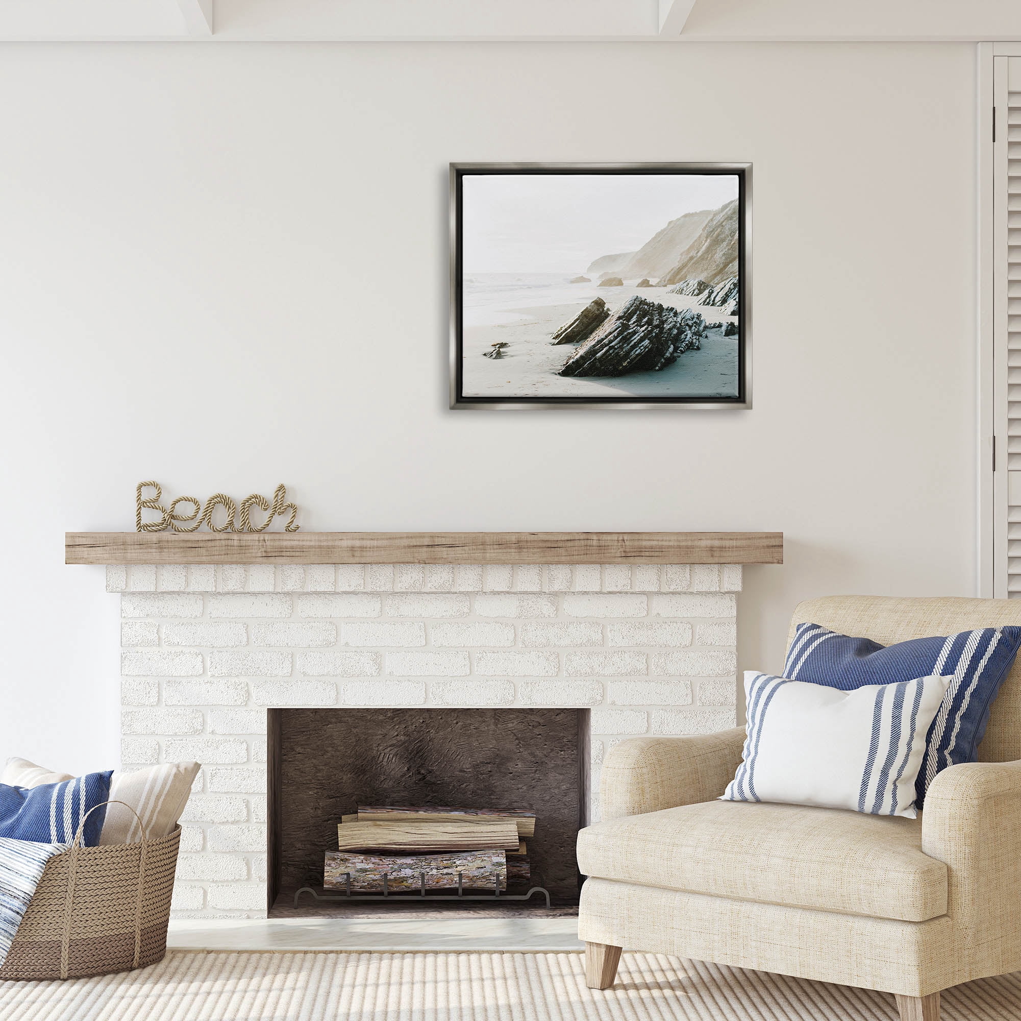Stupell Industries Rocky Beach Cliff Sandy Shoreline Coastal Photography Gray Floater Framed Art Print Wall Art