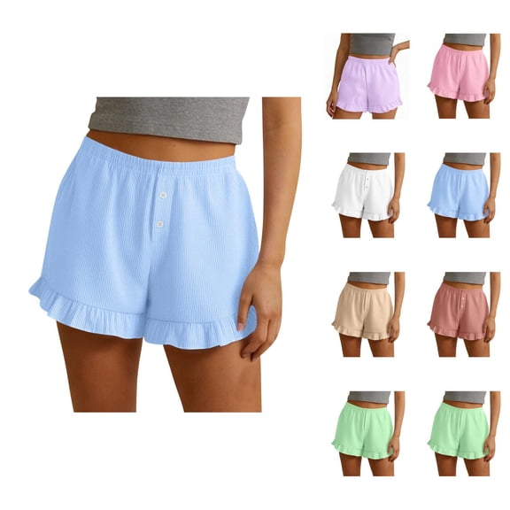 Cute Shorts for Women Summer Casual Elastic High Waist Ruffle Hem Relaxed Fit Beach Shorts