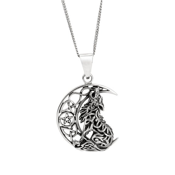 81stgeneration Unisex 925 Sterling Silver Celtic Howling Wolf Moon Pendant Necklace, 18"