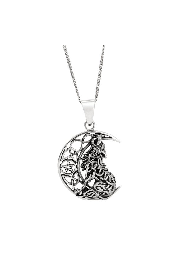 Unisex 925 Sterling Silver Celtic Howling Wolf Moon Pendant Necklace, 18"
