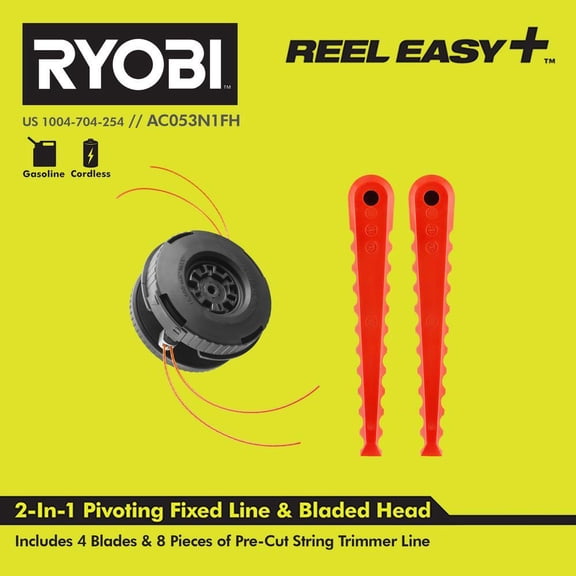 RYOBI AC053N1FH Reel Easy 2-in-1 Pivoting Fixed Line and Bladed Head for Bump Feed Trimmers