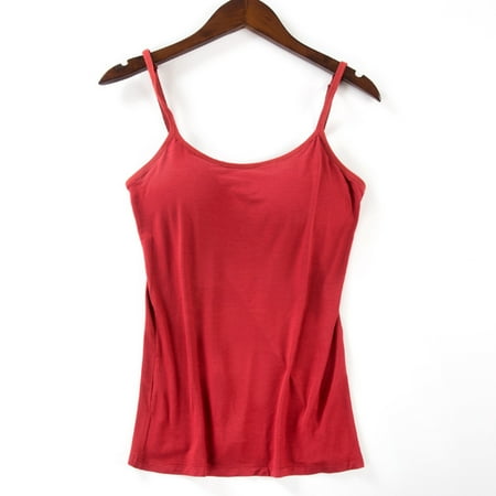 EHTMSAK Women Camisole with Built-in Bra Cup Strap Supportive Padded Tank Top Layering Cami Undershirt for Yoga Red S