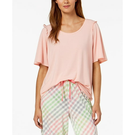 HUE Womens Solid Bell Ruffled Sleeve Sleep Top,Camellia Rose,Medium