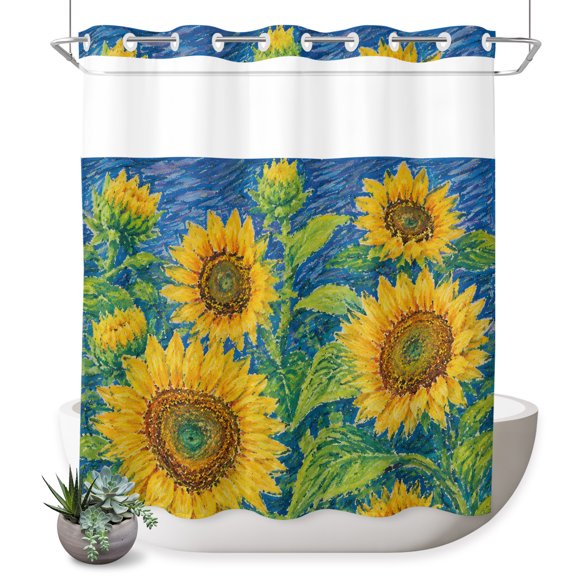No Hook Shower Curtain, Sunflower Shower Curtains for Bathroom with See Through Top Window, Vintage Green Leaves Blue Oil Painting Waterproof & Washable Bath Curtain Long 72"x78"