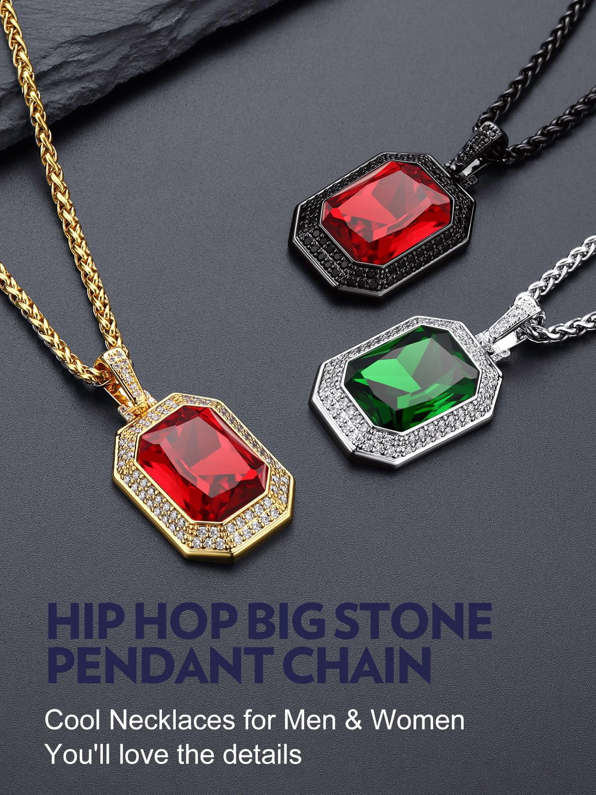 Bandmax Hip Hop Biker 14K Gold Plated Necklace for Men Women Ruby Stone Pendant with Shining Cubic Zirconia Charm for Gift