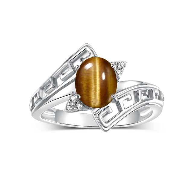 RYLOS Rings for Women 14K White Gold Greek Key Designer Ring 9X7MM Gemstone & Diamond Ring November Tiger Eye Jewelry Size 5