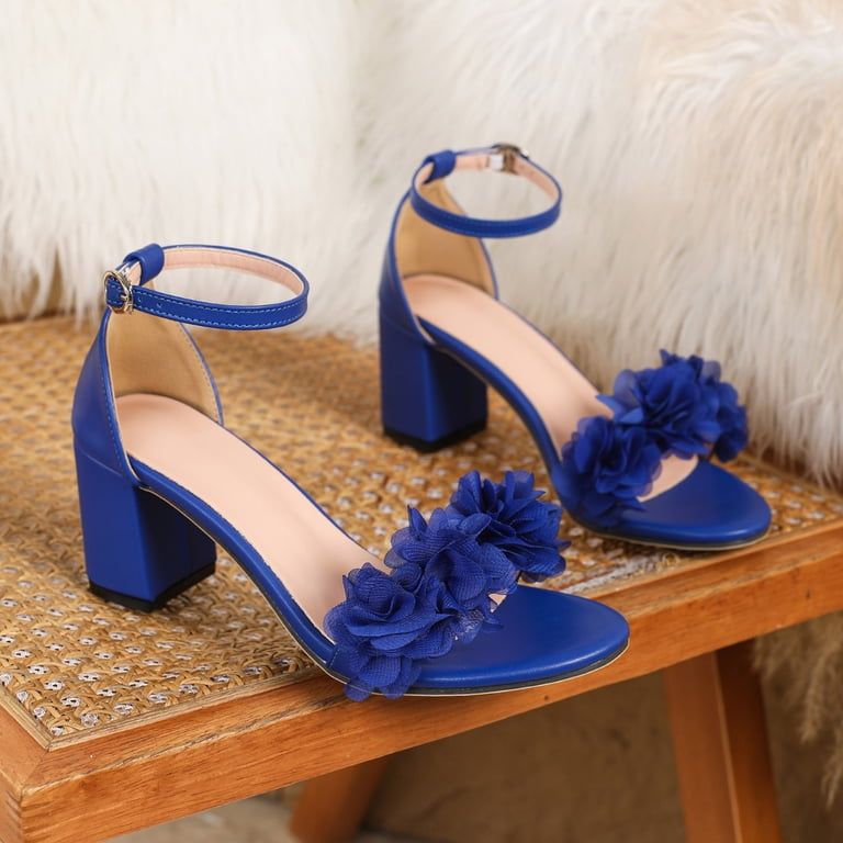 blue prom dress shoes Summer Dressy Heels for Women Block Heeled Sandals Ankle Strap Open Toe Elegant Lace Flower Fashion Party Size 7 Train Length:Floor Length Approximately 1–1.25 inches Fit pattern_Convertible Modest Birthday Dress -