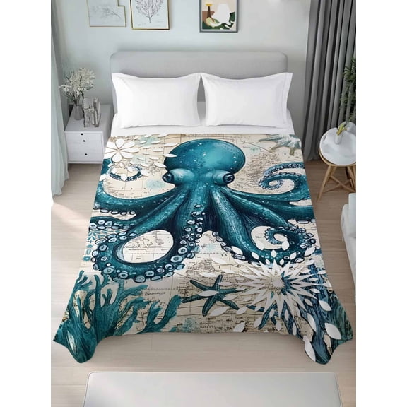 Coastal Octopus California King Size Flat Sheet, Wrinkleproof & Fadeproof Cooling Flat Bed Sheet Only, Vintage Beach Teal Coral Nautical Breathable Soft Bedding Top Sheets 108 x 98 Inches