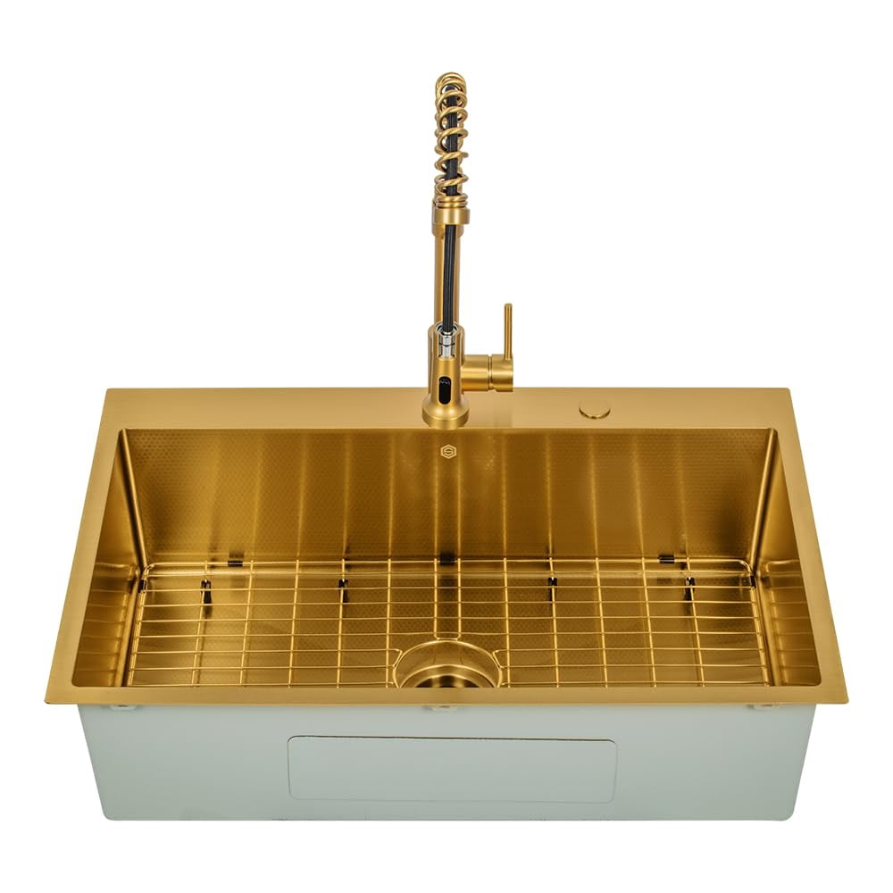 Strictly Sinks Dual Mount Workstation Kitchen Sink – 33 Inch 16 Gauge Embossed Hexagon Texture Kitchen Sink with Grid, 1 Strainer Drain, 1 Garbage Disposal Adapter & Clips (Gold)