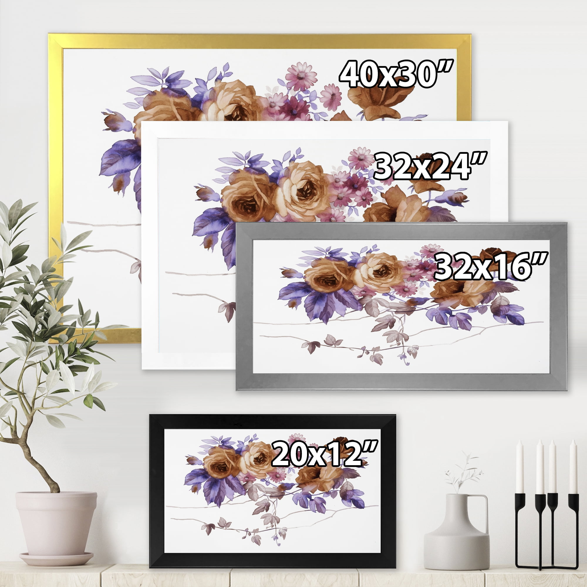 Designart 'Purple Wildflowers On White IV' Traditional Framed Art Print