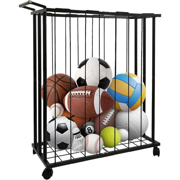 Large Garage Ball Storage Rack with Wheels–Rolling Sports Equipment Organizer Freestanding Ball Holder for Basketball Soccer Volleyball Football–Sports Ball Storage for Garage Gym School Home