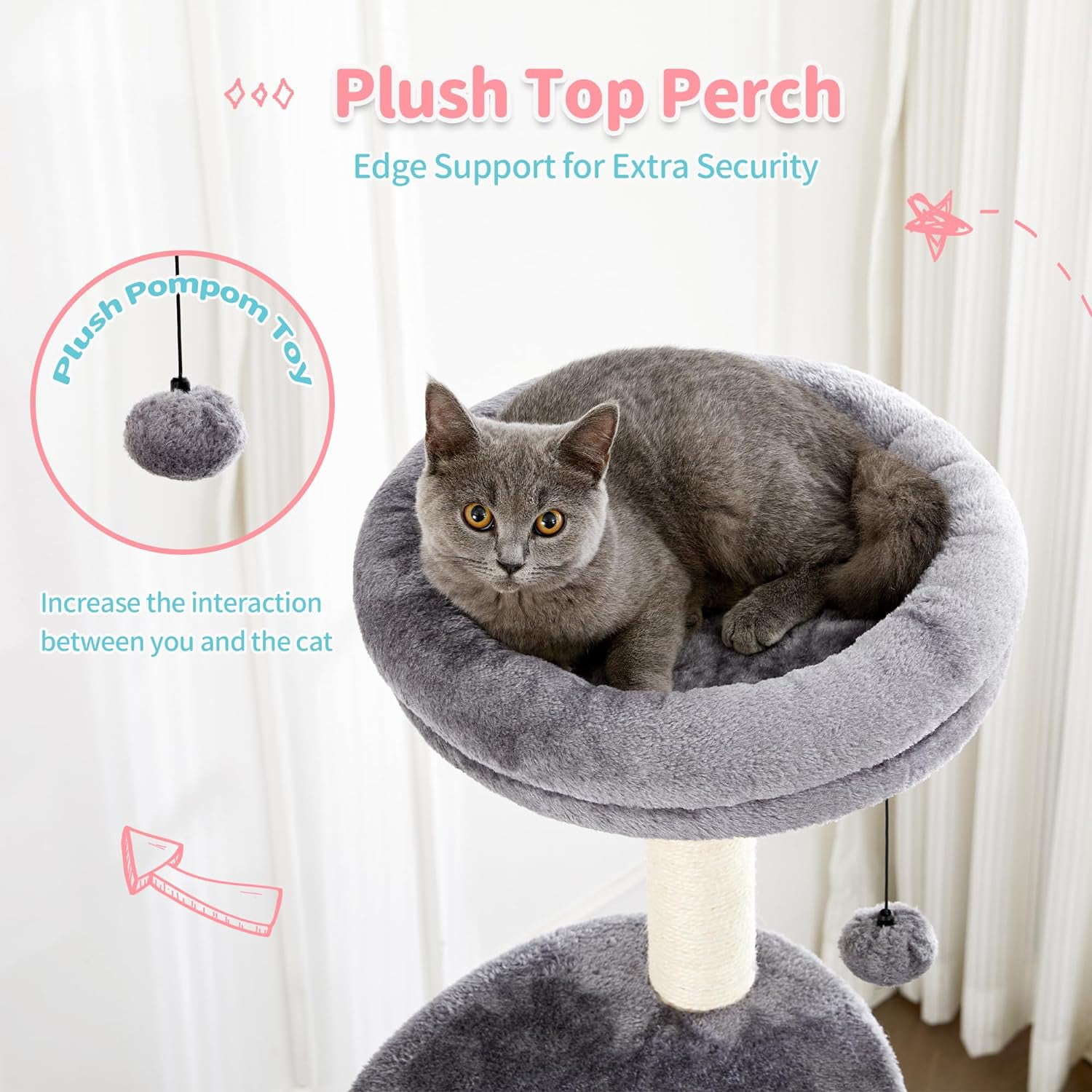 4 PETS Cat Tree for Indoor Cats, 60.2 inch Tall, 5-Level, Modern, Grey, Sisal Scratch Posts, Cat Condo with Hammock, Cat Tower for Large Breeds