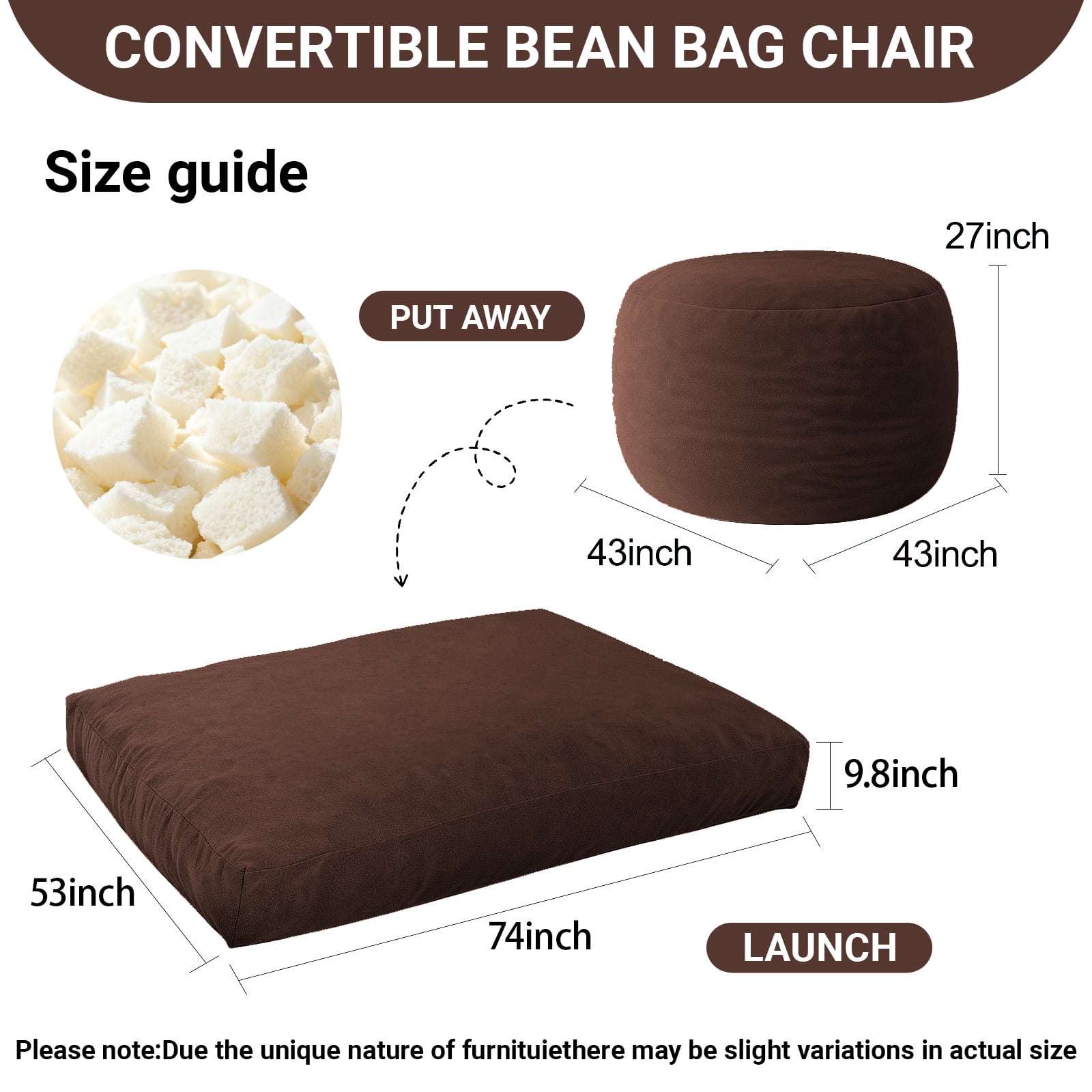 Memory Foam Giant Bean Bags,Bean Bag Chair for Adults, Floor Bean Bags Offers Ample Space for Adults,Lounger Versatile Design Suits Any Room,Movie Nights,Reading(Brown).