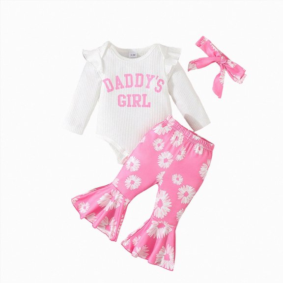 Baby Girl Clothes Outfit Newborn Going Home Outfit Long Sleeve Letter Cute Cow Print Ruffle Romper Floral Pants Cute Headband Sets for Fall Winter 0 3 6 9 12 18 Months