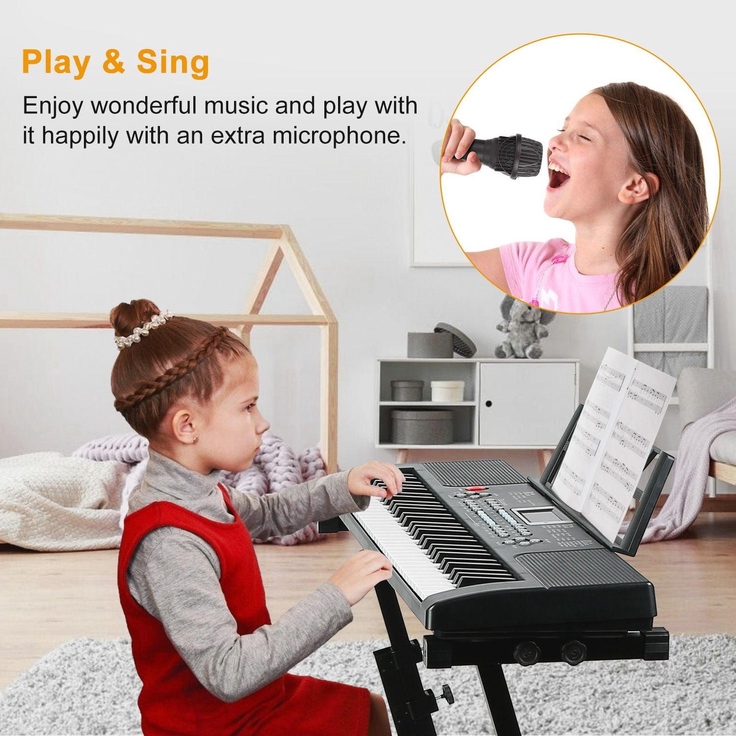 Multifunctional 61 Key Children's Piano Toy - Electronic Keyboard with 16 Tones, 8 Percussions, Volume Control & HD Display, Includes Stand Microphone for Early Music Education