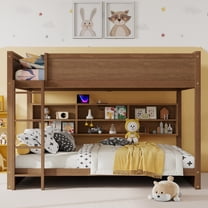 Queen Over Queen Bunk Bed with Built-in Storage Cabinets,Charging Station,Ladder,Safety Guardrails,Solid Pine Wood Bunk Bed,WHEAT