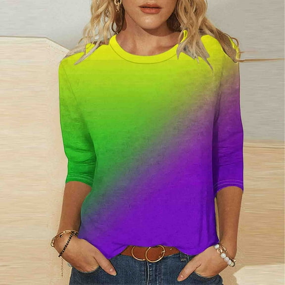 Gamivast Mardi Gras Shirts for Women Striped Crew Neck 3/4 Sleeve Sweatshirts Loose Drop Shoulder Tunic Tops Casual Trendy Carnival Party Outfits