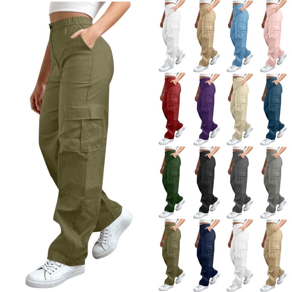 Women's High Waist Straight Leg Cargo Pants,Multi Side Pockets with Button,Army Green,Women's Capri L