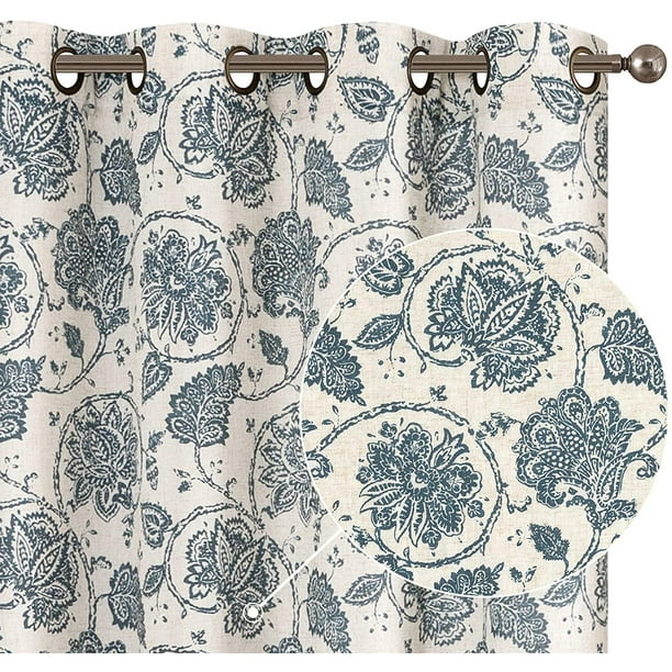 Curtainking Linen Curtains Floral Scroll Printed Drapes 96 inch Semi